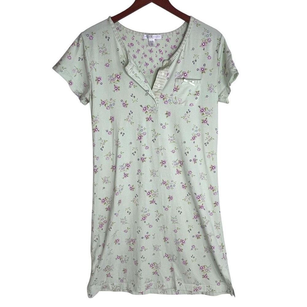 Carole Hochman Womens Floral Cotton Short Sleeve Nightgown Green Purple Sz Small